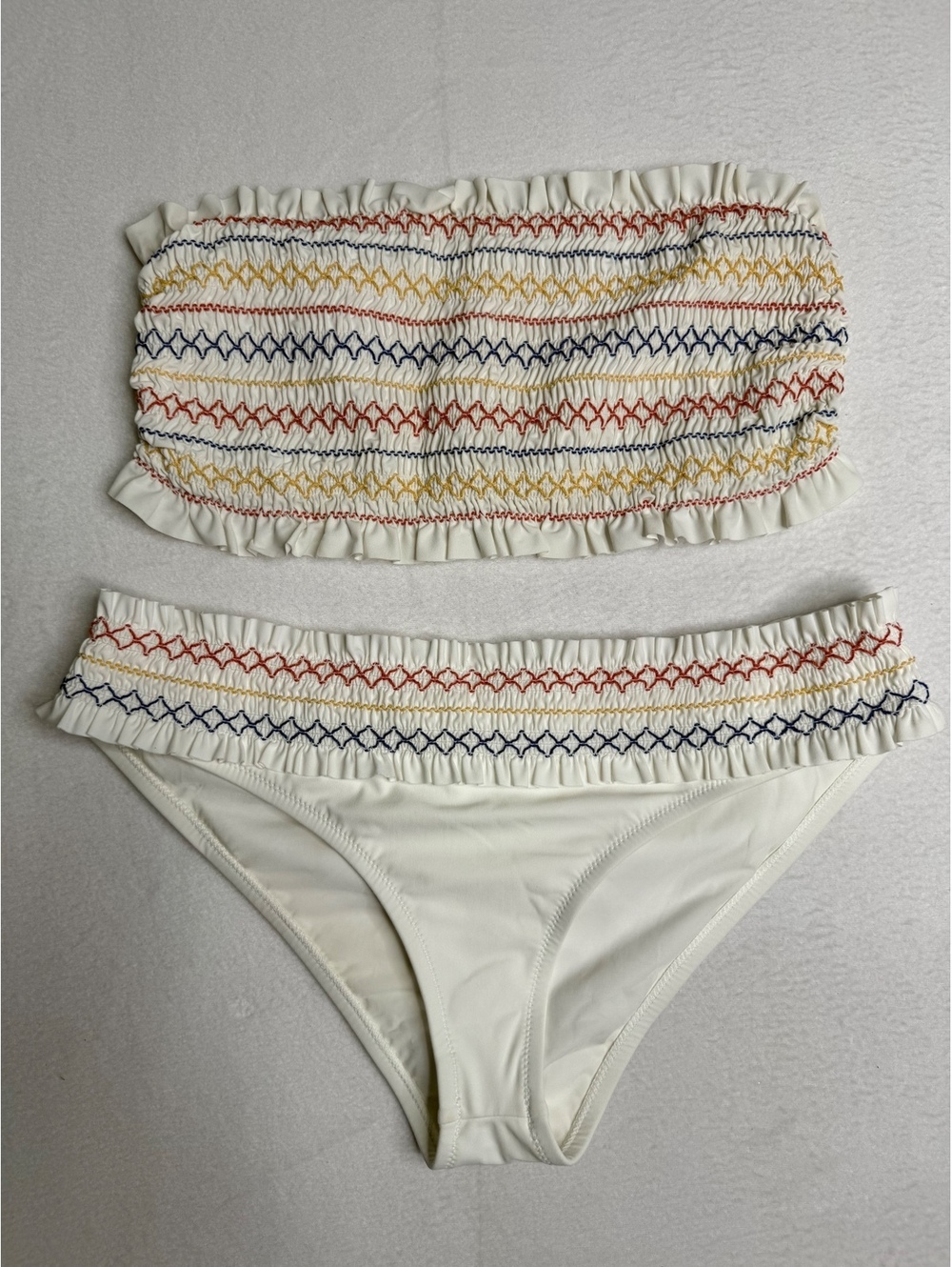 Tory Burch Costa Smocked Bandeau Bikini Set Size M Ivory Multicolor